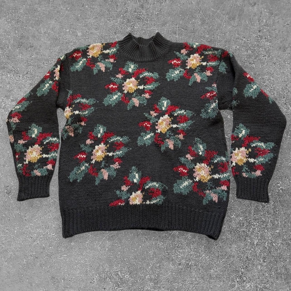 Vintage Aeropostale Floral Wool Blend Sweater Grey Pink Red M Cottagecore